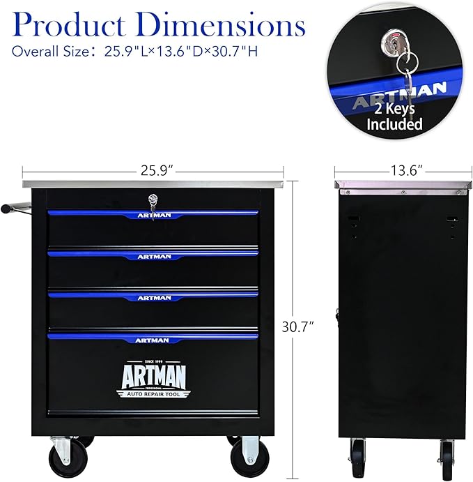 4-Drawer Heavy-Duty Rolling Steel Tool Cart with Handle&Wheels, Metal Storage Organizer Cabinet, Tool Chest for Efficient Tool Storage in Garage, Warehouse, Workshop, Repair Shop, Blue