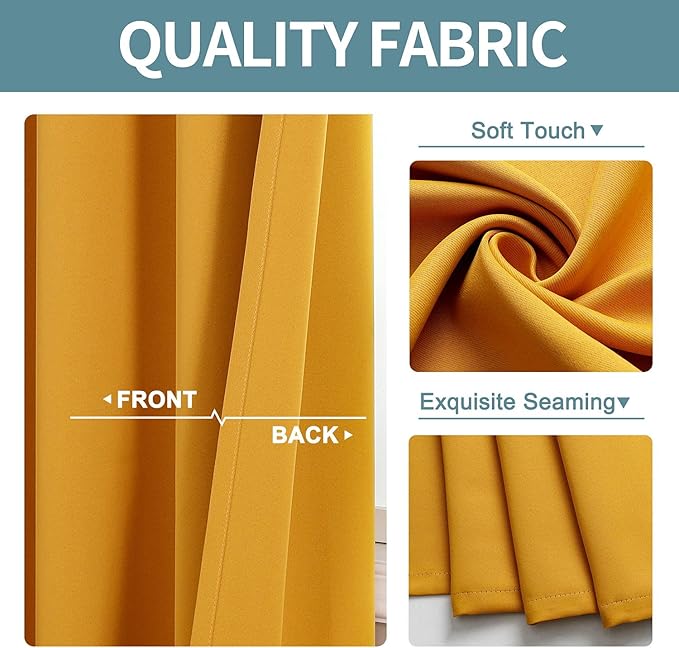 ChrisDowa Blackout Curtains 108 Inches Long for Living Room, Grommet Thermal Insulated Room Darkening Curtains for Bedroom (1 Panel Set, Mustard Yellow, 52W x 108L)