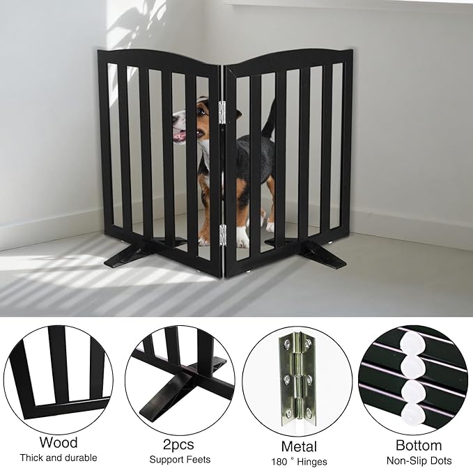 Freestanding Dog Gate Indoor,Doggie Gate Foldable Pet Gates for Doorways,Stairs or Hallways, Wooden Black Pet Gate for The House, Pet Fence with Support Feet Included,24 "Height-2 Panels