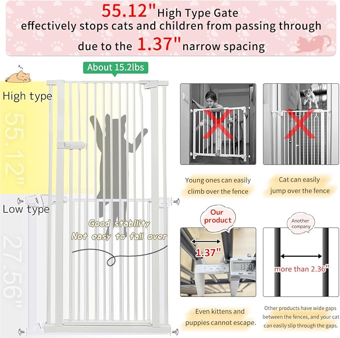 Lumizone Extra Tall Cat Gate 55.12" High Pressure Mounted Extra Wide 2025 New (17 Sizes) 1.37" Gap No Drilling Auto-Close One-Handed Operation Tall Pet Gate for Dogs(White, 55.12" H x 46.65"-50.97" W)
