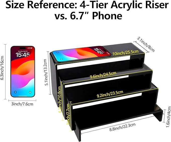 ELEGANTLIFE Acrylic Display Riser,4.3mm Heavy Duty Crystal Display Stand Shelf Layered Aesthetic, Jewelry Display Shelf Risers for Décor,4 Pack Set Multi-color (Black)