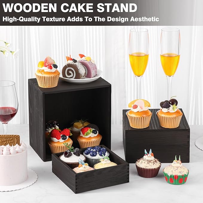 3 Pack Wood Cake Cupcake Stand Buffet Risers, Wooden Display Stand Wood Display Riser, Square Food Display Risers for Party Wedding Birthday Home (6" 7" 8")