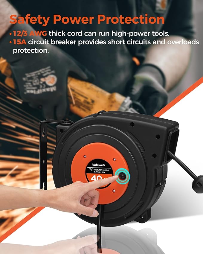 Retractable Extension Cord Reel, 40 FT Heavy Duty Power Cord, 12AWG/3C SJTOW, 3 Grounded Outlets Lighted Triple Tap, 15 Amp Circuit Breaker, UL Listed, Orange B40CR06