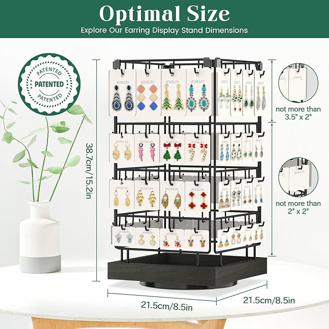 EsLuker.ly Rotating Earring Display Holder Stand for Vendors Events Selling, Large Capacity 64 Hooks Jewelry Rack with Wooden Base for Earring Card Sales, Enhances Retail Visibility