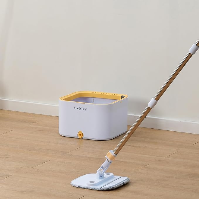 True & Tidy® TrueClean Mop and Bucket System Plus with New Easy Lift Inner Bucket, Self Wringing, Separates Clean from Dirty Water, Folding Mop Head, Dual Brush System, 8-pc Machine Washable Mop Pads
