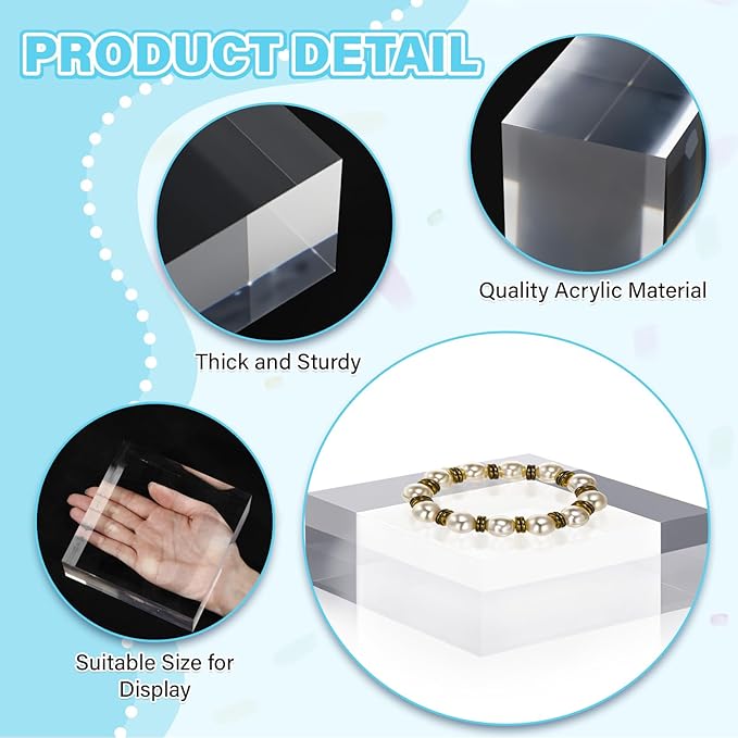 Qunclay 4 Pcs 5 x 5 x 2 Inches Acrylic Square Display Block Clear Polished Acrylic Cubes Jewelry Display Stand for Jewelry Ring Showcase Holder Base Collections