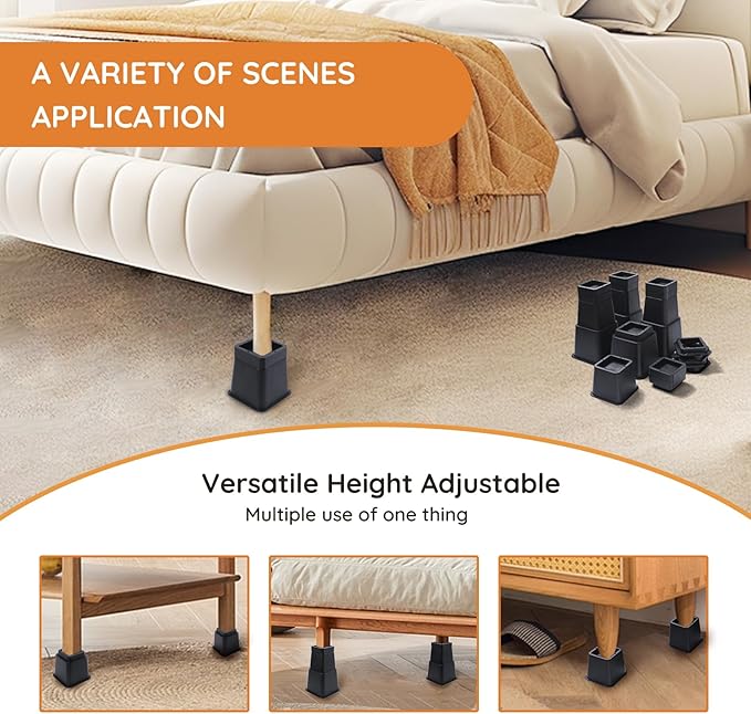 Bed Risers, Oversized Furniture Risers, 1/2/3/4/5/6/7/8/9/10 inches Adjustable Raise Blocks for Bed Couch Desk Sofa Table Lifts, Furniture Legs Lifters Support up to 6000 Lbs (Black, 4 Pack Set)