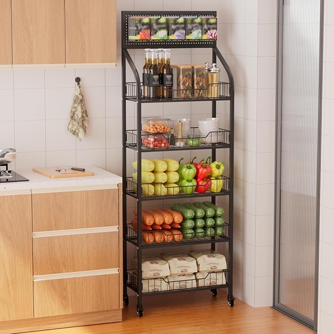5-Tier Heavy-Duty Snack Rack Display Stand with Wheels - 300lbs Capacity, Silent Roll & Lock System, for Pantry/Retail/Office Organization
