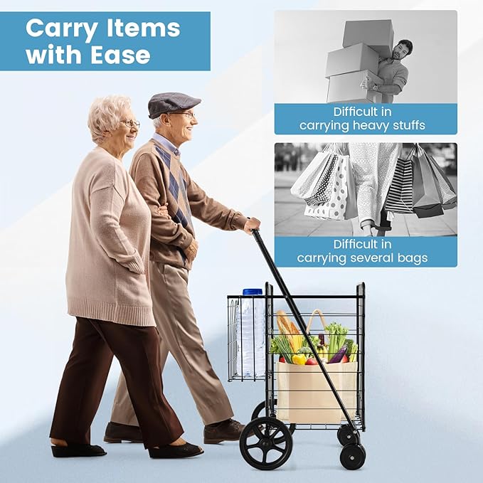 COSTWAY Folding Shopping Cart, Metal Grocery Cart with Extra Basket, 360° Swiveling Front Wheels & Comfortable Handle, Light Weight Collapsible Utility Cart for Laundry, Camping (Black)