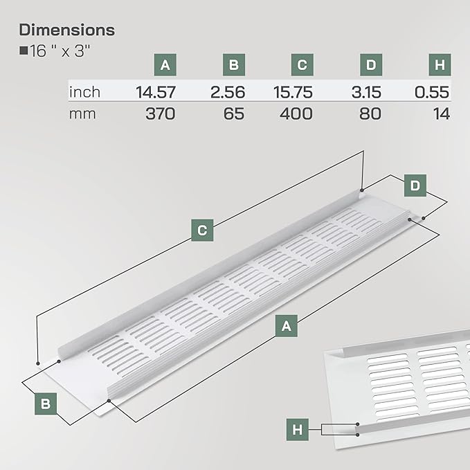 Vent Systems 15.75 x 3.15 Inch (Outer Size) Air Supply Ventilation Grille - White Aluminum Rectangle Intake/Exhaust Door Vent Deflector - HVAC for Home Improvement Floor, Wall Duct Cover