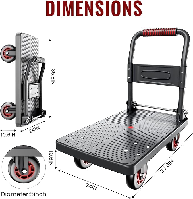 Upgraded Foldable Push Cart Dolly | 800 lbs. Capacity Moving Platform Hand Truck | Heavy Duty Space Saving Collapsible | 5‘’ TPR 360-Degree Silent Wheels | 2 Swivel Wheels and 2 Rigid Wheels