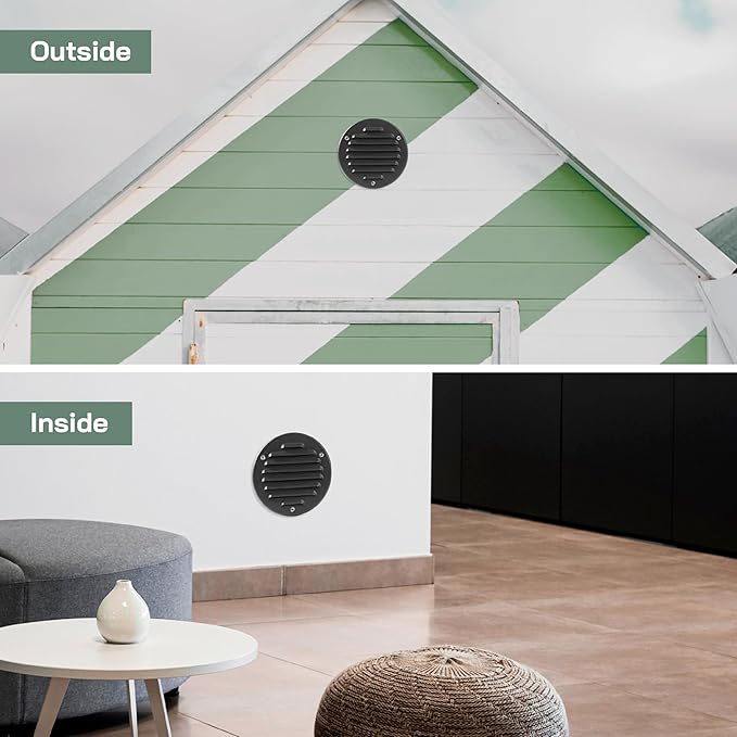 Vent Systems - 4 Inch (Inner) Pack of 5 Black Metal Round Soffit Air Vent Grille Cover, Register air Vent Deflector, Louver - Built-in Mesh - HVAC for Bathroom, Home Office, Kitchen 5 Inch (Outer)