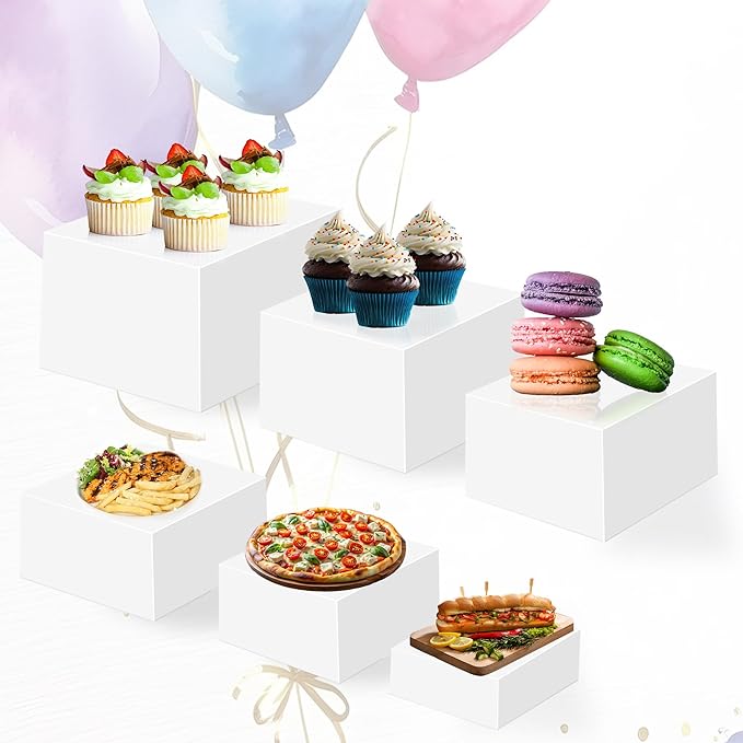 Large Buffet Risers Set of 4, 16"x8"x5" Display Stands, White Acrylic Food Risers for Party, Dessert Table, and Catering, Nesting and Stackable Display Risers