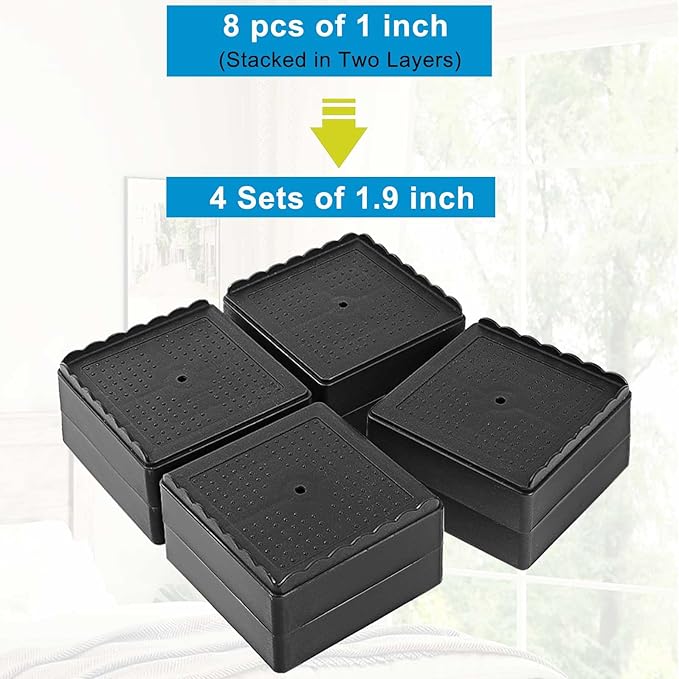 Bed Risers 1 inch, 2 inch, 3 inch, 4 inch Heavy Duty, Adjustable Furniture Riser for Table Desk Couch Sofa Chair Recliner Leg Frame Dorm, Stackable Bed Raisers Blocks (Black 4 Pack, 1+1 inch)