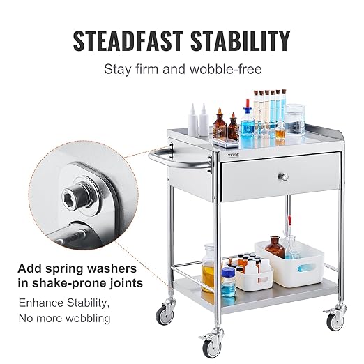 VEVOR Stainless Steel Utility Cart with Wheels - Medical/Dental Lab Cart - 2 Shelves/1 Drawer