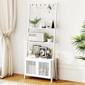Bookcase with Drawers, 4-Tier Bamboo Bookshelf Ladder Shelf with 6 Hooks, Tall Narrow Retro Book Shelf, 24.8"L x 10.6"W x 59.5"H, Standing Storage Organizer for Living Room, Office, Bedroom, White
