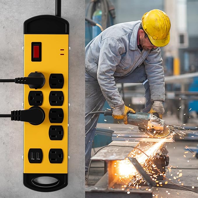 Oviitech 8 Outlets Mountable Heavy Duty Surge Protector Metal Power Strip with 2 USB Charging Ports(2.4A),1800 Joules with 6 Foot Long Extension Cord, Yellow&Black,ETL Listed