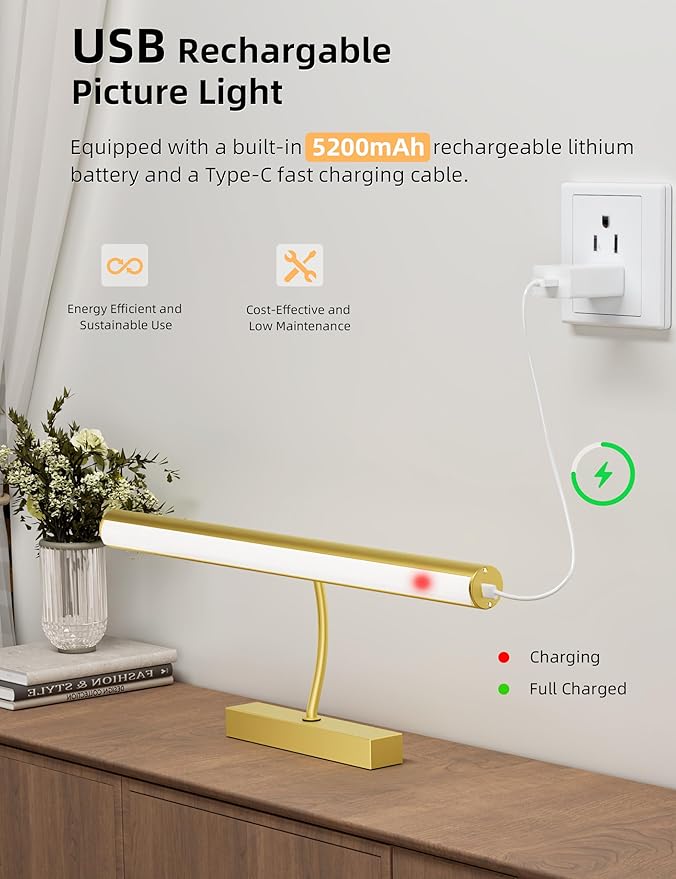 VOLISUN 16 inch Picture Lights for Wall, Rechargable Picture Light Battery Operated, 3 Color Temperatures Cordless Picture Light with Remote, Art Light for Paintings, Gallery, Portrait, 2 Pack (Gold)