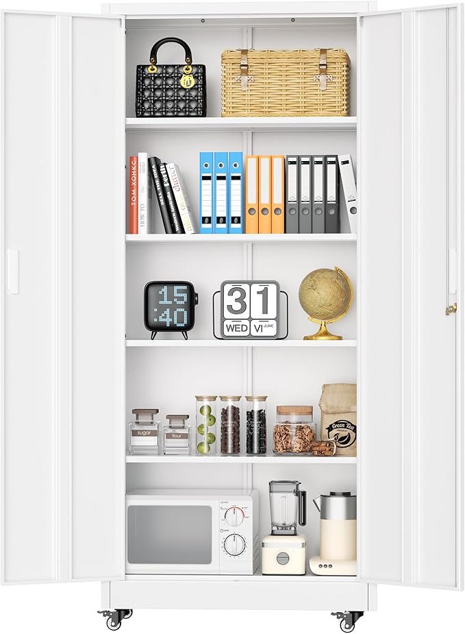 INTERGREAT Metal Storage Cabinet with Wheels, 73" Garage Storage Cabinet with Door and 4 Shelves, Tool Cabinet on Caster for Home, Office, White