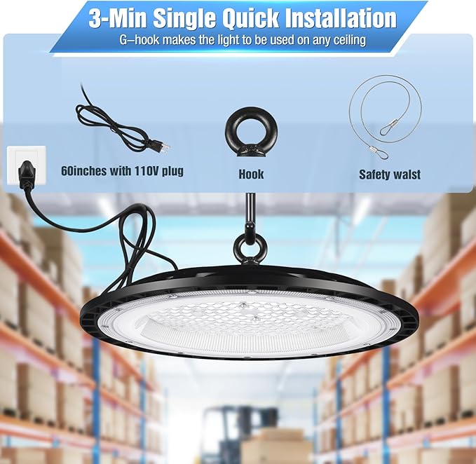 6 Pack 300W UFO Led High Bay Light Fixture,120VAC,5000K Daylight Commercial Shop Bay Lighting,45000LM,[1300W MH/HPS Equiv.] US Plug Area Lighting for Warehouse/Barn/Gym/Factory/Workshop