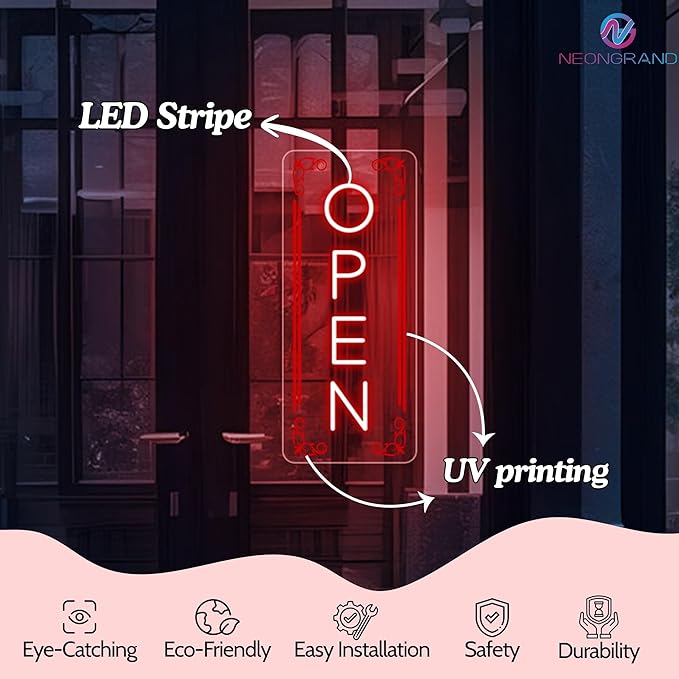 Vertical LED Open Signs for business – Super Bright - UV Printing Pattern, Remote Included - Large Size 18x45'' - Neon Open Sign for Café, Bar, Shop & Business Sign (Red)