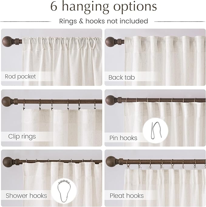 NICETOWN Natural Linen Cream Curtains for Bedroom, Pleat Tab Privacy Added Curtains & Drapes with Light Filtering Window Treatments for Living Room/Farmhouse, W52 x L95, 2 Panels