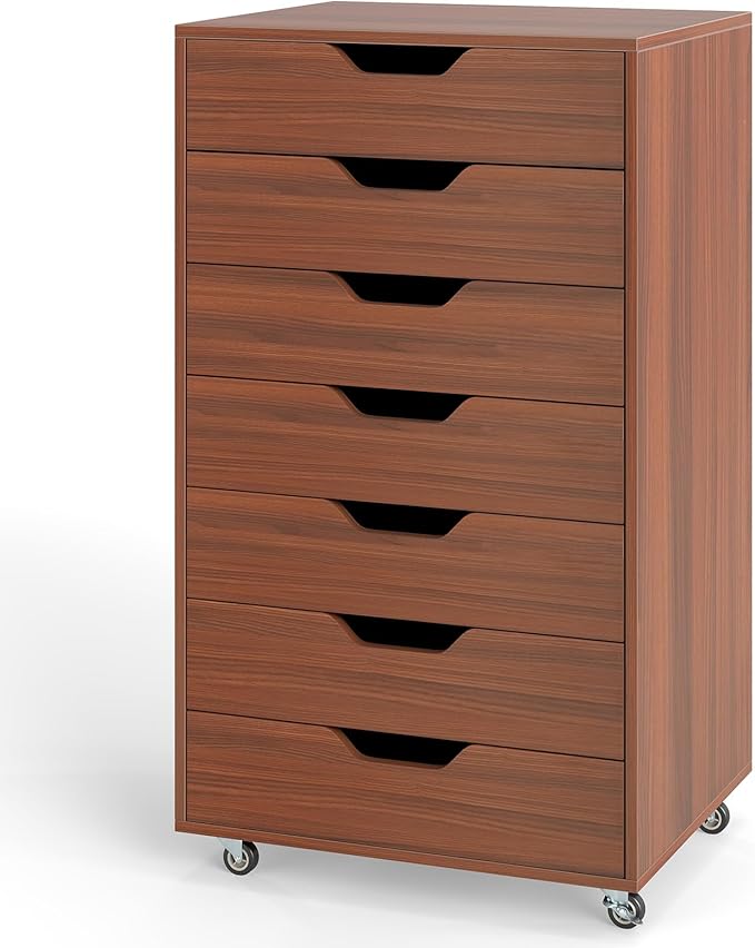 7 Drawer File Cabinet, Mobile Filing Cabinet w/Universal Wheels, Wood Printer Stand with Storage, Rolling File Cabinets for Home Office, Living Room, Bedroom (Walnut, 7 Drawers)
