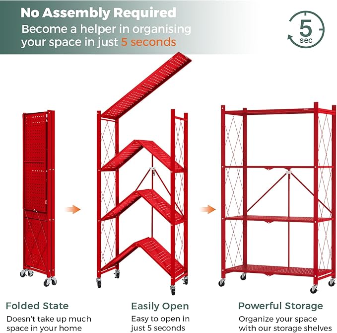 DEANIC 4 Tier Foldable Storage Shelves with Wheels, Large Capacity Shelving Unit, Freestanding Metal Wire Shelf Rack, No Assembly Organizer Rack for Garage Kitchen, Basement(Red)