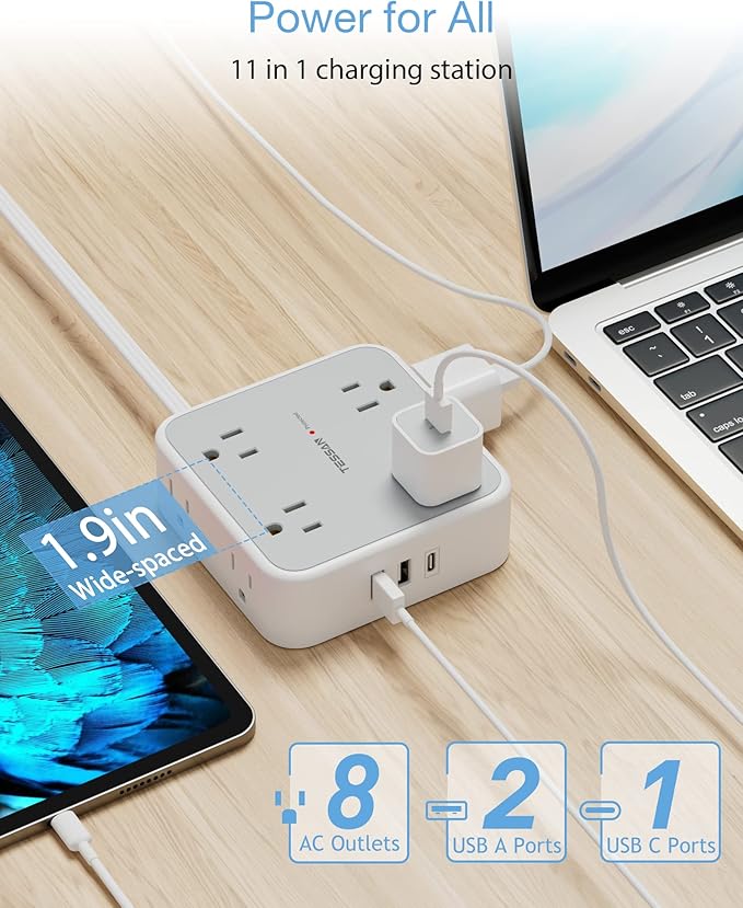 TESSAN 10 Ft Surge Protector Power Strip, 3 USB(1 USB C) 8 Outlets, Flat Plug Extension Cord with Multiple Outlets, 900J Protection, Desk Charging Station for Home, Dorm Room Essentials, Grey