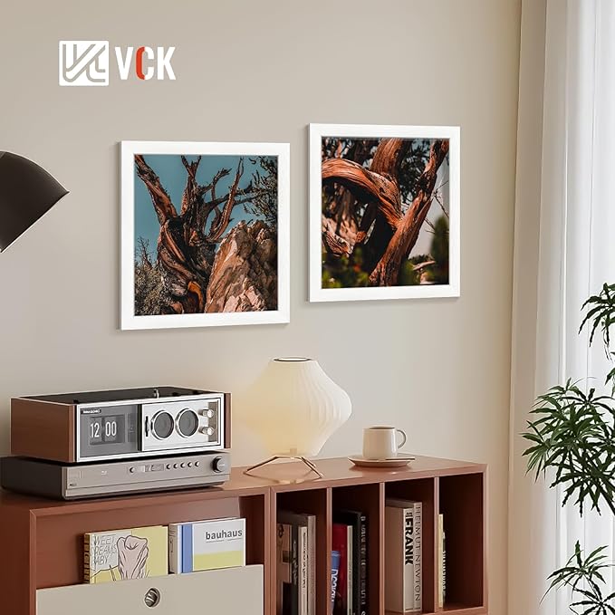 VCK 12x12 Picture Frame Set of 2 - White, Textured Modern Square Wooden Frames with HD Glass, Display Photo 8x8 with Mat or 12x12 Without Mat, Wall Hanging
