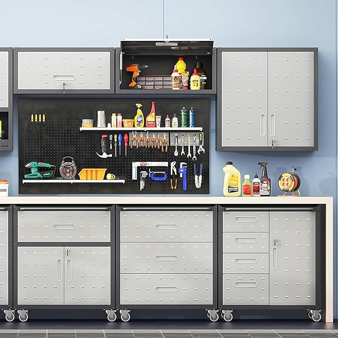 Metal Garage Wall Cabinet with Lock, Wall Mounted Metal Storage Cabinets with Doors and Shelf, Lockable Floating Tool Storage for Garage Basement Utility Room