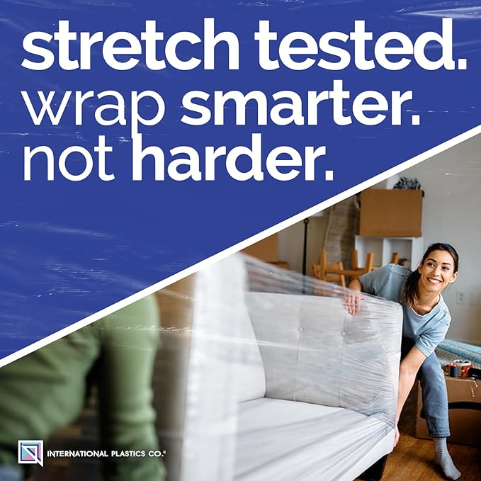 International Plastics Co. 18" Stretch Film/Wrap 1500 feet 7 Layers 80 Gauge Industrial Strength up to 800% Stretch 20 Microns Adhering Packing Moving Heavy Duty (Clear, 1 Pack - Tension Handles)