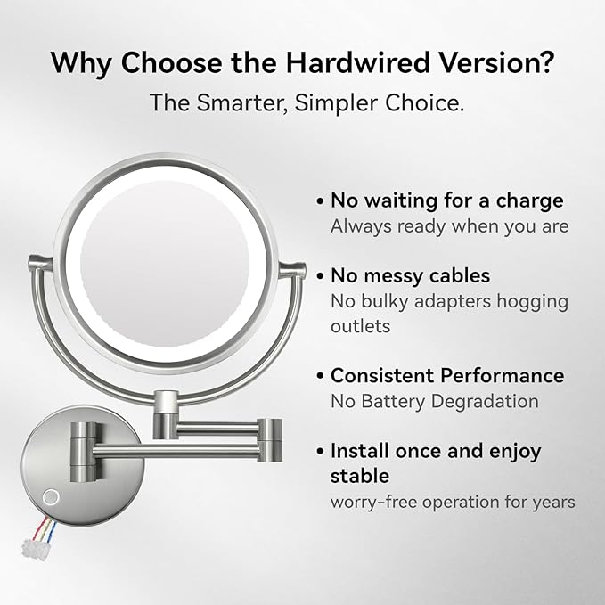 GURUN Wall Mounted Hardwired Makeup Mirror with 3 Dimmable LED Lights 10x Magnifying Mirror for Bathroom Touch Control 13" Extendable Arm Direct Wire Brushed Nickel M1809DN (10x,Nickel)