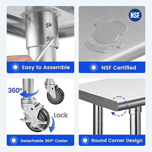 Hally Stainless Steel Table for Prep & Work 24 x 36 Inches with Caster Wheels, NSF Commercial Heavy Duty Table with Undershelf and Galvanized Legs for Restaurant, Home and Hotel