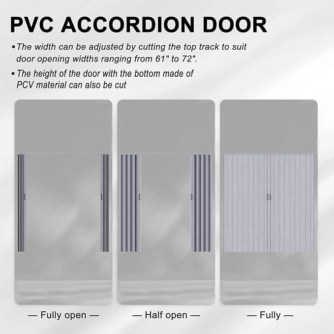 72" x 80" Accordion Doors Interior Folding Door, Grey PVC Accordion Door for Opening Width: 61"-72", Adjustable Height & Width, Two Strong Magnetic Blocks for Close Tightly, Protect Privacy