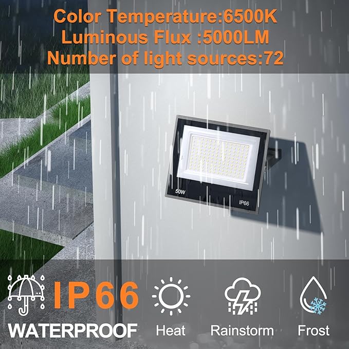 XXBSAZ 2 Pack 50W LED Flood Lights Outdoor, 8,500LM Plug-in Hardwire Work Light IP66 Waterproof - 6500K Daylight Bright for Yard, Garage, Stadium