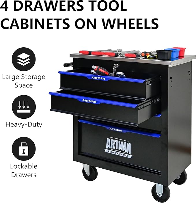 4-Drawer Heavy-Duty Rolling Steel Tool Cart with Handle&Wheels, Metal Storage Organizer Cabinet, Tool Chest for Efficient Tool Storage in Garage, Warehouse, Workshop, Repair Shop, Blue
