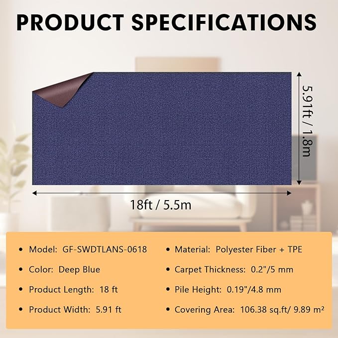 Marine Carpet,6 FT x 18 FT Deep Blue Indoor Outdoor Carpet 0.2" Thick Boat Carpet with Water-Proof TPE Backing, Non-Slide Outdoor Marine Carpet Roll for Home, Patio, Porch, Deck