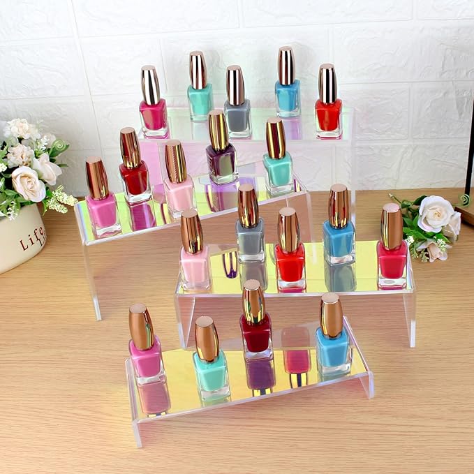 ELEGANTLIFE Acrylic Display Riser,4.3mm Heavy Duty Crystal Display Stand Shelf Layered Aesthetic, Jewelry Display Shelf Risers for Décor,4 Pack Set Multi-color (Iridescent)