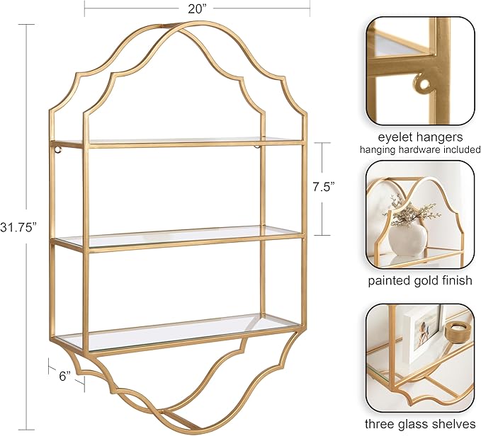 Kate and Laurel Leanna Scalloped Three-Tiered Wall Shelf, 20 x 32, Gold, Decorative Floating Shelf Storage and Wall Organizer for Bathroom Over Toilet Storage or Display