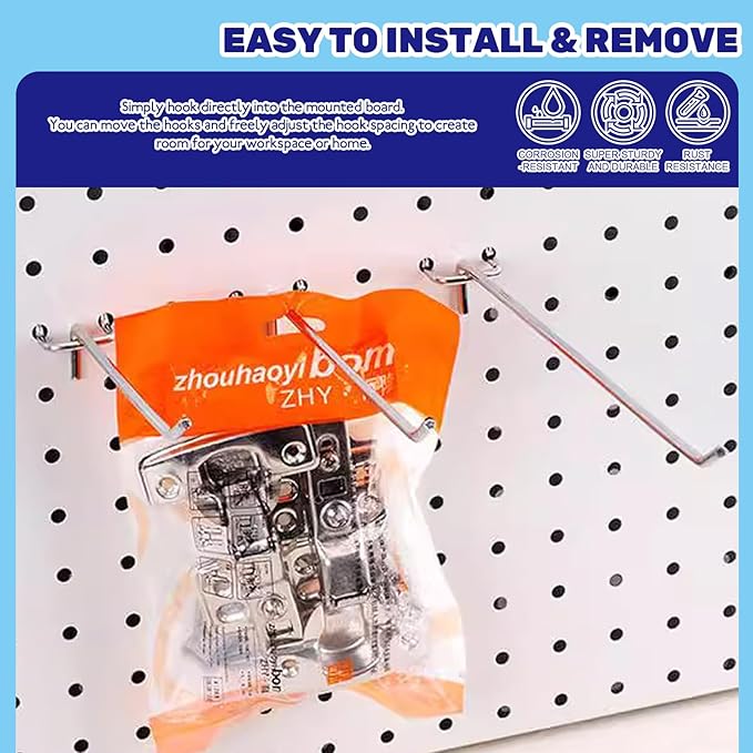 40Pcs 2" 4" 6" 8" Pegboard Display Hooks Assortment Set, Stainless Steel Garage Organization Peg Wall Hook Metal Slatwall Panel Hook Fit 1/8 and 1/4 Inch Pegboard for Retail Shop