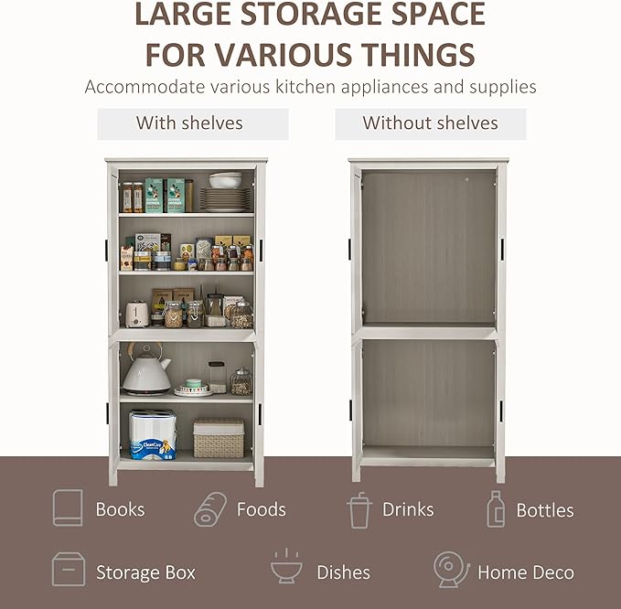 HOMCOM 64" Kitchen Pantry Cabinet, Freestanding Storage Cabinet with 4 Doors and 3 Adjustable Shelves for Dining Room, Antique White