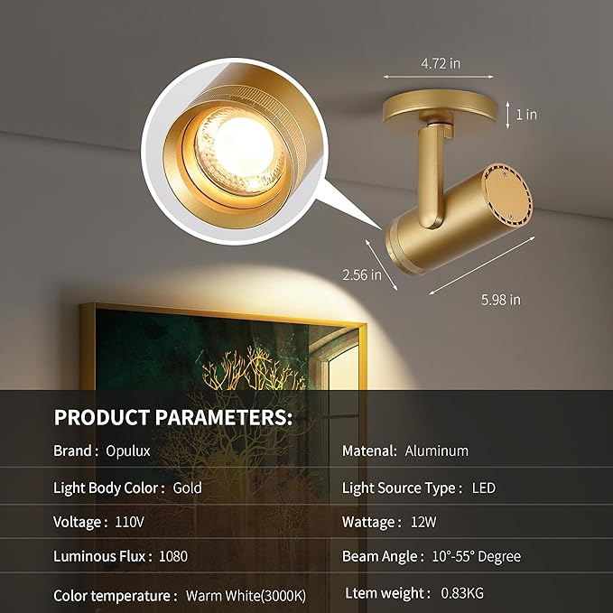 12W LED Gold Dimmable Zoomable Ceiling Spotlight Indoor – Adjustable Wall Surface Mount Accent Light for Home Corridor, Picture, Plants & Painting | Warm White 3000K CRI 97