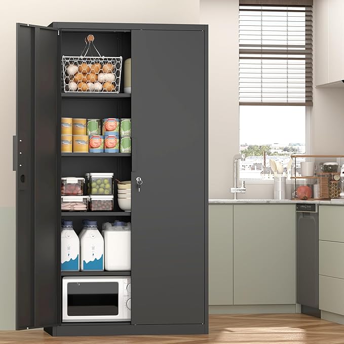 72" H Metal Garage Cabinet,Metal Lockable Storage Cabinet with 2 Doors, Locking Tall Garage Storage Cabinets with Adjustable Shelves,Tool Cabinets for Home Office,Gym,School (Black)