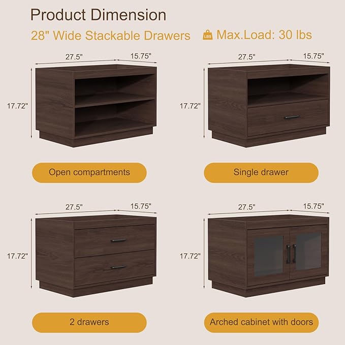 Stackable Storage Drawers, 28" Wide Storage Bins with 2 Drawers for Closet Organizers, Wood Stackable Closet Organizer Modern Large Stackable Storage Units for Living Room Hallway Bedroom, Brown
