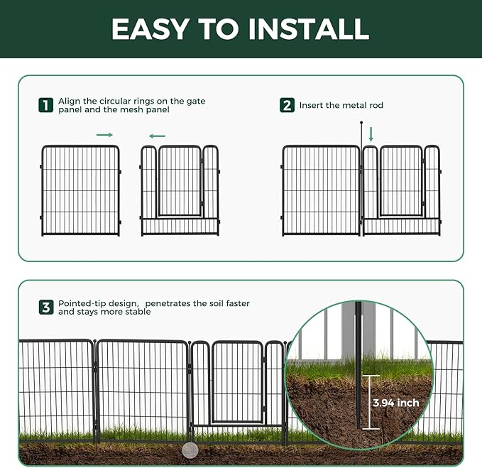 FXW Garden Fence Outdoor for The Yard – 24in(H) x 60.9ft(L) Heavy Duty Metal Animal Barrier for Dog and Rabbit, Decorative Dog Fence, 32 Panels, Black