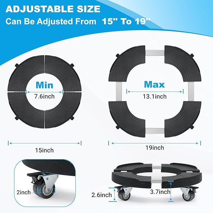 Trash Can Dolly Wheels, Adjustable 15-19 Inch Round Roller with Locking Wheels 440 LBS Heavy Duty Drum Cart Multi Function Rolling Dollies Stand Plant Caddy, Black