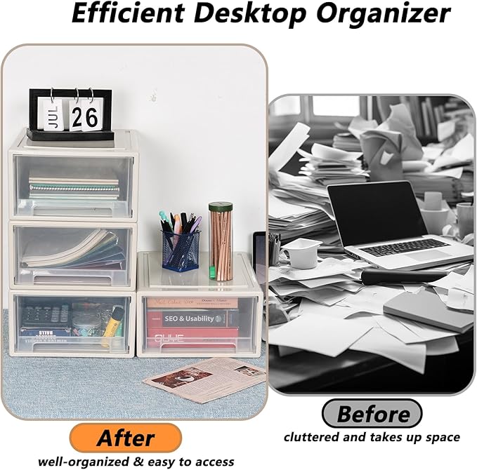 18 Qt. Plastic Desktop Organizer with Clear Drawers, 4-Pack, Stacking Drawers Unit for Closet, Office, Bathroom