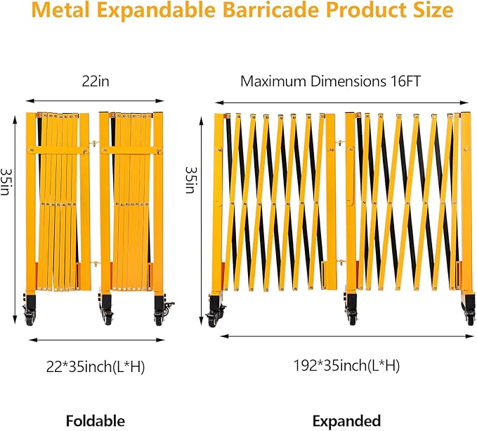 16FT Industrial Expandable Barricade Folding Security Gate with Wheels,Retractable Driveway Gate with Aluminum Fence and 270 Degrees Direction Adjustment(Yellow, 16FT)