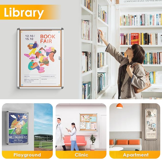 SWANCROWN Enclosed Bulletin Cork Board 36x24 in, Lockable Bulletin Board Tamperproof Wall Display Case for Office School Trade Community, Aluminum Frame